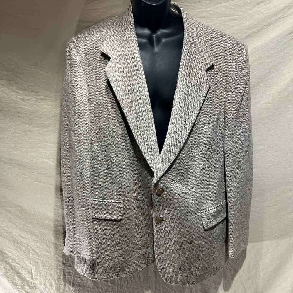 Vintage Farah Mens 46R Herringbone Tweed Blazer 100% Wool Donegal Ticket Pocket